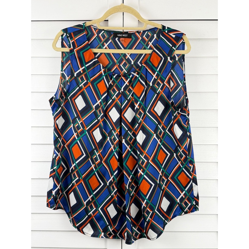 Nine West Sleeveless Blouse Women XL Blue Orange Geometric Pleated V-Neck